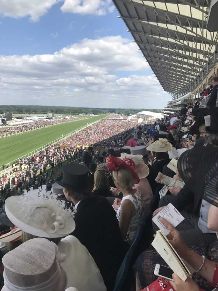 Royal Ascot crowds in the grandstand overlooking the racecourse